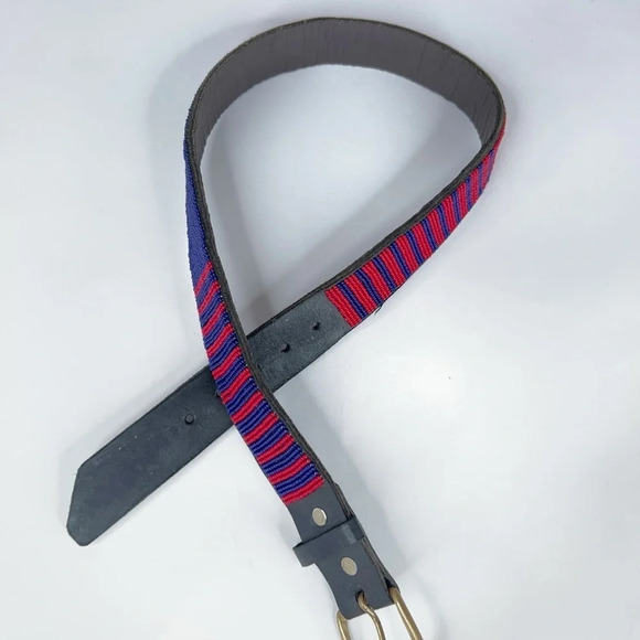 Angama Beaded Waist Belt Red Blue Maasai Kenya Black Leather Small